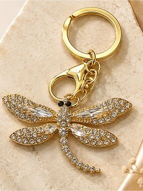 Sparkly Dragonfly Rhinestone Keychain Gold Tone Purse Charm NIP